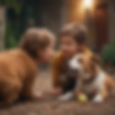 A playful puppy engaging with a child in a vibrant setting