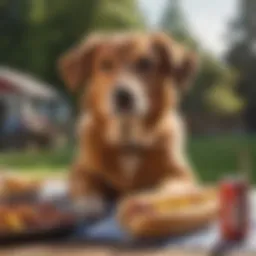A curious dog eyeing a hot dog on a picnic table