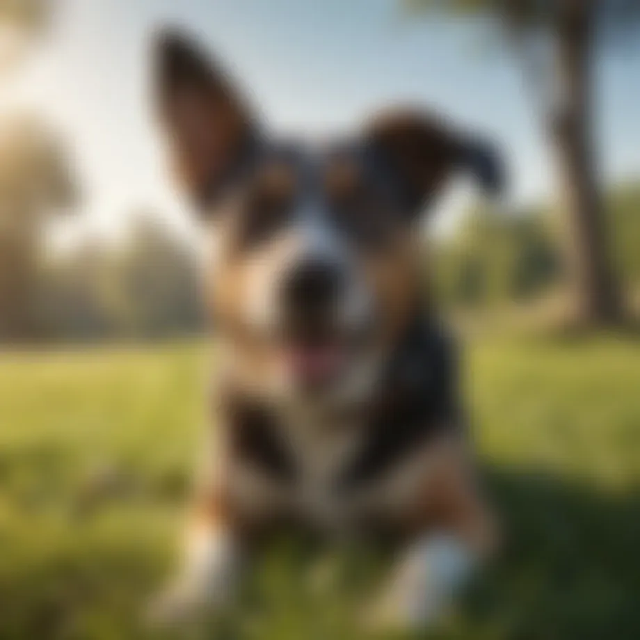 Dog happily munching on grass in a sunny field