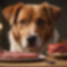 Dog looking concerned after eating raw beef
