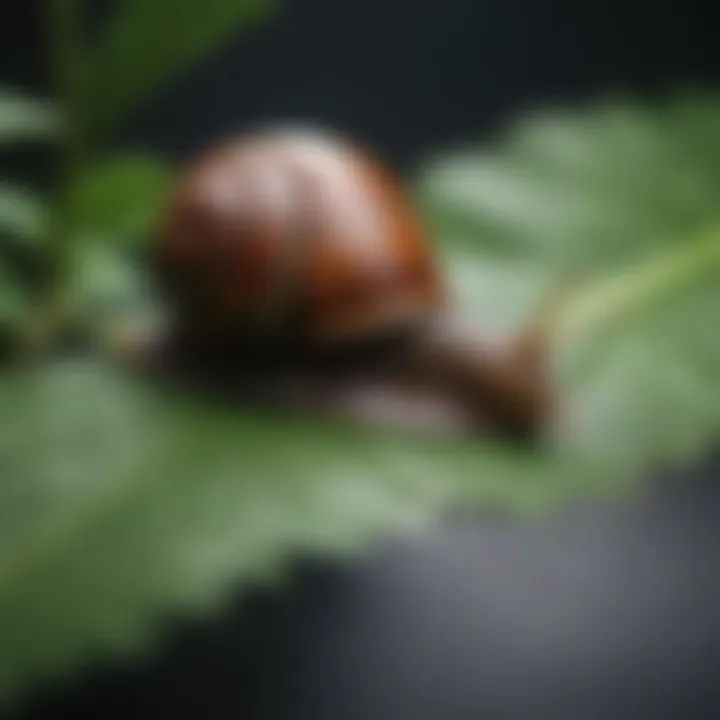 A close-up view of a live garden snail on a green leaf