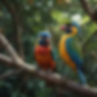 Colorful tropical birds perched on tree branches