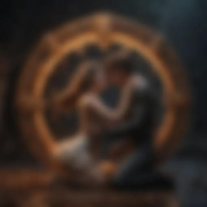 Visual representation of zodiac signs interacting in a romantic context